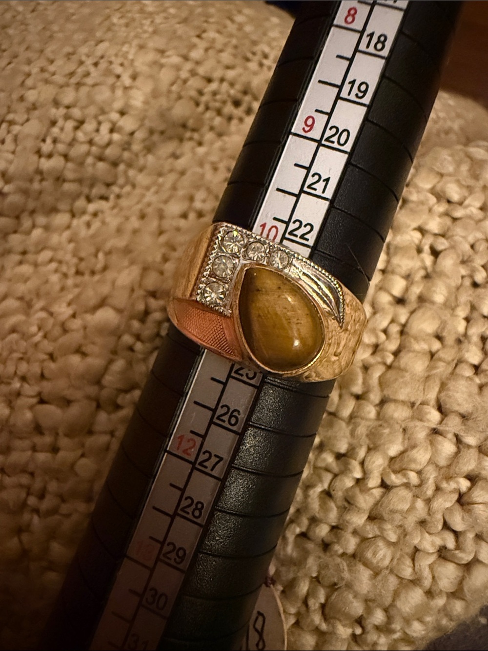 Vintage Gold Tiger's Eye Teardrop Ring with Clear Accents